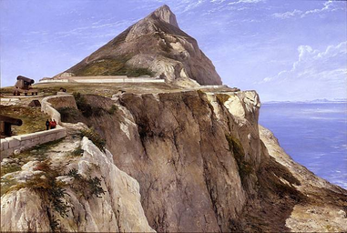 1862_painting_of_the_Rock_of_Gibraltar_by_Frederick_Richard_Lee,_Windmill_Hill_Barracks_at_the_far_side_of_the_plateaux.jpg